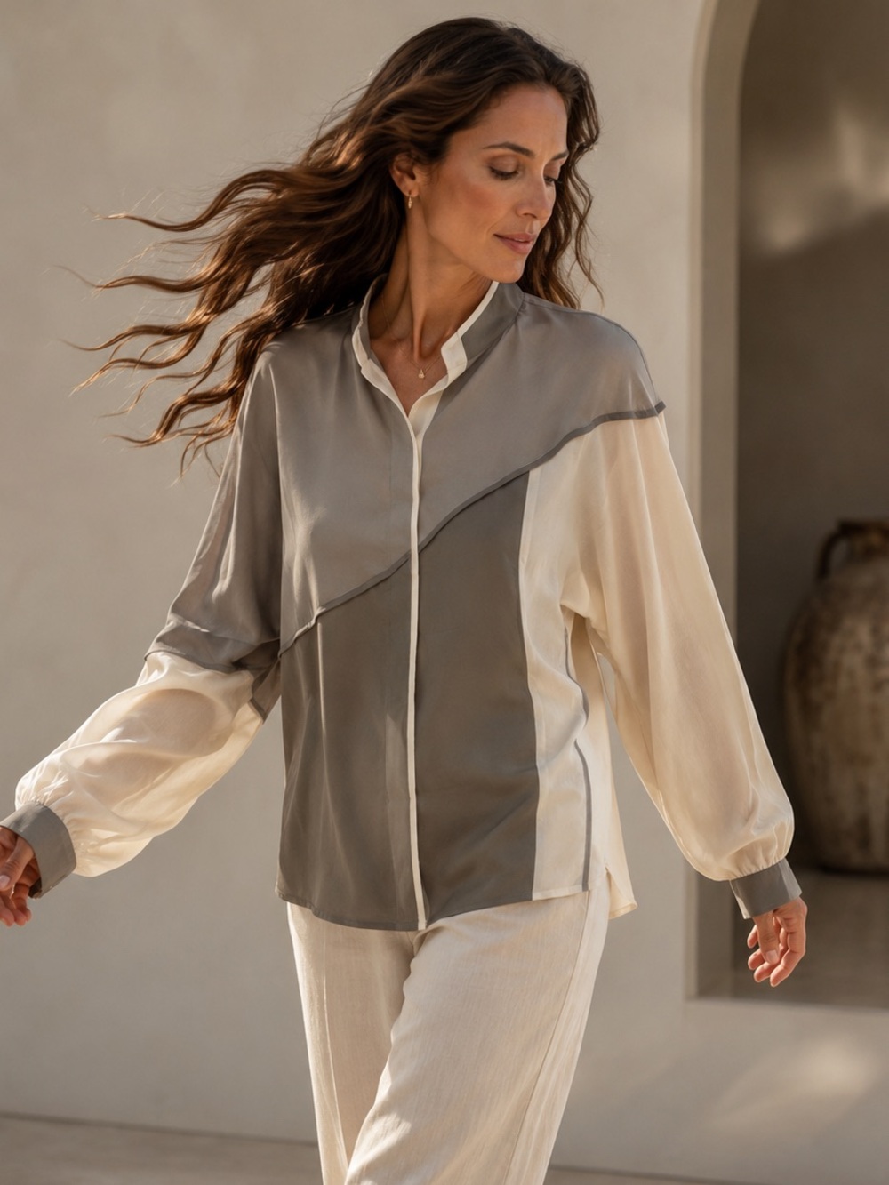Oleg Cassini Silk Blouse Women 14 Taupe Colorblock Vintage Long Sleeve Excellent